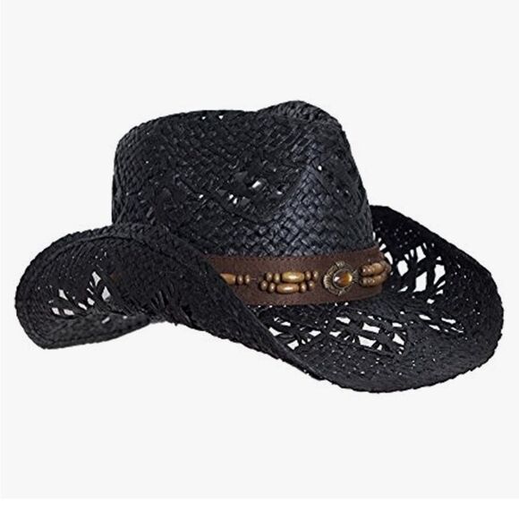 Vamuss Straw Cowboy Hat W/Vegan Leather Band & Beads, Shapeable Brim 57CM - Picture 10 of 11